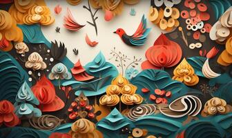 AI generated Colorful floral background with birds and flowers paper cut style. photo