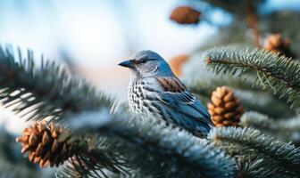AI generated Bluebird sitting on a branch of a spruce with pine cones photo