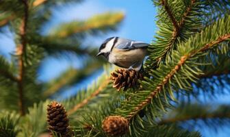 AI generated Spruce branches with cones. Blurred background. photo