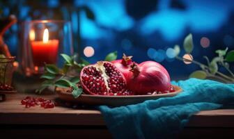 AI generated Ripe pomegranate fruits with green leaves on wooden table photo