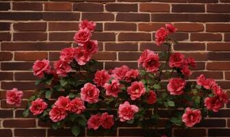ai generado hermosa rosado azalea flores en un ladrillo pared antecedentes. foto