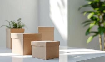 ai generado cartulina cajas en un blanco mesa en un ligero habitación con verde plantas. cajas Bosquejo foto