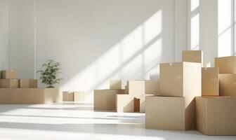 AI generated Stack of cardboard boxes in white room with sunlight. Space for text. Box mockup on white photo