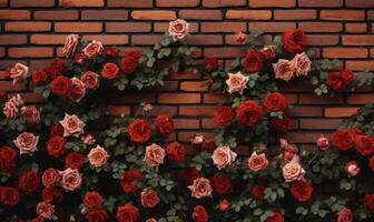 ai generado rojo rosas en un ladrillo pared antecedentes con Copiar espacio para texto foto