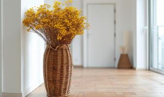 ai generado seco flores en florero en de madera piso y blanco pared antecedentes foto