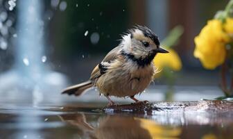 ai generado genial teta parus mayor en un charco después el lluvia foto