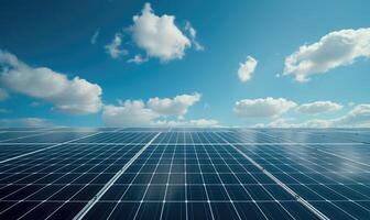 AI generated Solar panels with blue sky background. Alternative energy source. Alternative energy concept. photo