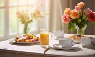 ai generado un taza de café en un de madera mesa con un ramo de flores de rosas en el antecedentes foto