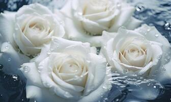 AI generated Beautiful white roses on water surface, closeup. Romantic background photo