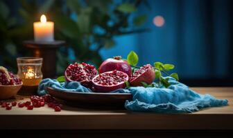 AI generated Hot chocolate with pomegranate and marshmallows on wooden background. photo