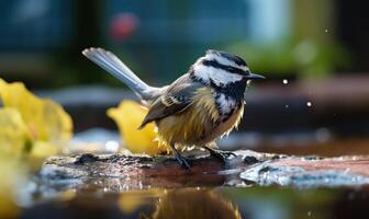 AI generated Great tit Parus major in a puddle after the rain photo