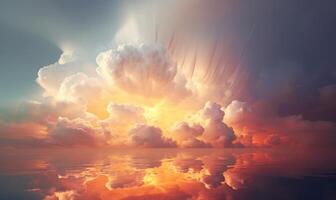 ai generado puesta de sol cielo con nubes reflejado en agua. foto