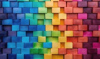 AI generated Colorful brick wall background. small bricks of different sizes and colors photo