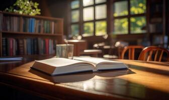 ai generado abierto libro en un de madera mesa en un biblioteca. selectivo enfocar. foto