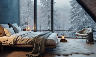 ai generado moderno dormitorio interior con un grande ventana con vista a el invierno bosque foto