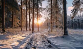 AI generated Beautiful winter landscape with snow covered trees in forest at sunrise. photo