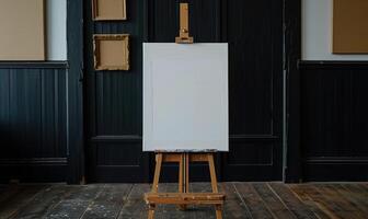 AI generated Easel with blank canvas standing on concrete floor near dark wall. Mock up photo