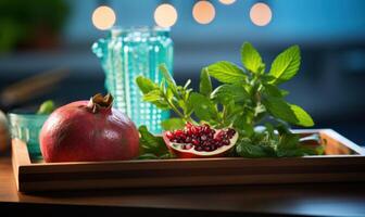 AI generated Hot chocolate with pomegranate and marshmallows on wooden background. photo