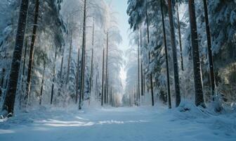 AI generated Beautiful winter forest landscape with trees covered with hoarfrost and snow photo