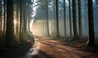 AI generated Beautiful winter forest landscape with trees covered with hoarfrost and snow photo