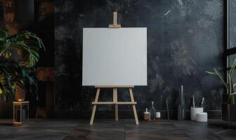 AI generated An easel with a blank white canvas in an art studio photo