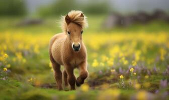 AI generated Little pony foal play on a meadow with yellow flowers photo