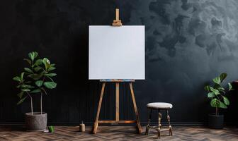 AI generated Easel with blank canvas standing on concrete floor near dark wall. Mock up photo