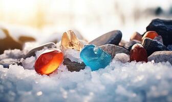 AI generated Colorful stones in the snow on the shore of the lake. photo