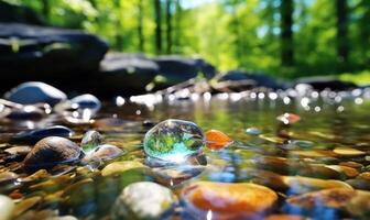 ai generado corriente en el bosque. hermosa temprano primavera paisaje con un río y piedras foto