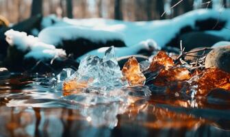 AI generated Fallen leaves in the ice on the river in the winter forest photo