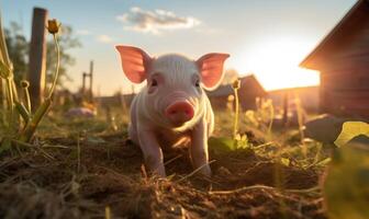 ai generado linda pequeño cerdito en el granja en el puesta de sol ligero. foto