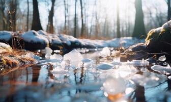 ai generado caído hojas en el hielo en el río en el invierno bosque foto