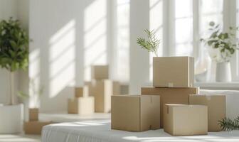 ai generado Moviente cajas en vacío habitación con verde plantas. espacio para texto. caja Bosquejo en blanco foto