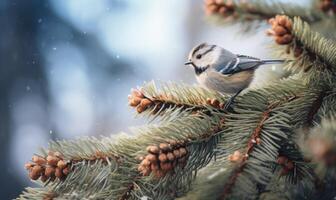 AI generated Blue tit tit on a fir branch with cones in the autumn forest. photo