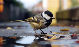 ai generado genial teta parus mayor en un charco después el lluvia foto