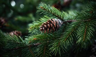 AI generated Spruce branches with cones and red berries. Blurred background. photo