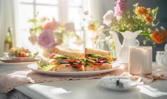 AI generated Breakfast with sandwiches, coffee and flowers on table in bright room photo