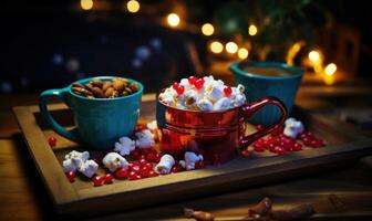 AI generated Hot chocolate with pomegranate and marshmallows on wooden background. photo