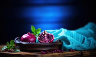 AI generated Hot chocolate with pomegranate and marshmallows on wooden background. photo