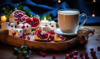 AI generated Hot chocolate with pomegranate and marshmallows on wooden background. photo