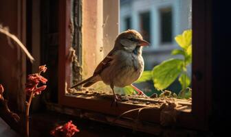 ai generado pequeño gorrión sentado en el ventana umbral y mirando fuera el ventana foto