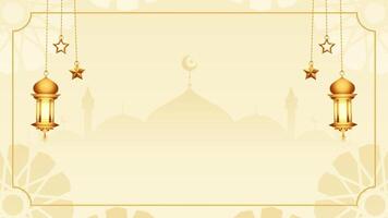 Satin Cream White Simple Islamic Blank Horizontal Video Background Decorated With Hanging Lantern And Golden Stars Looping Animation