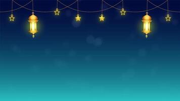 Dark Aqua Blue Simple Blank Horizontal Video Background Decorated With Hanging Star And Glowing Lanterns Looping Animation