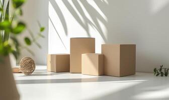 AI generated Cardboard boxes on a white table in a light room with green plants. Boxes mockup photo