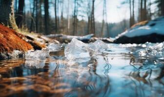 AI generated Fallen leaves in the ice on the river in the winter forest photo