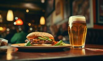 AI generated Beef burger with french fries and a glass of beer in a pub photo