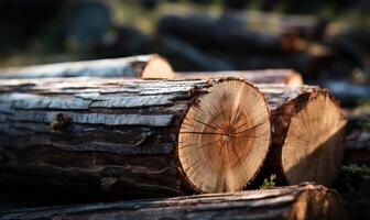 AI generated Pile of cut tree trunks in forest, closeup view photo