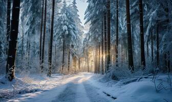 AI generated Beautiful winter forest landscape with trees covered with hoarfrost and snow photo