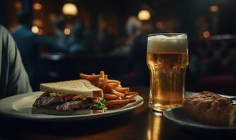 AI generated sandwich with beer on wooden table in pub, soft focus background photo