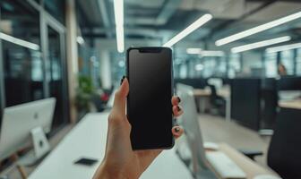 AI generated Mockup image of female hands holding black mobile phone with blank screen photo